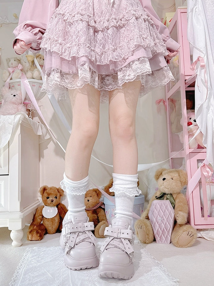 Jirai with Pink Kei Platforms Delicate in Lace PU Edging