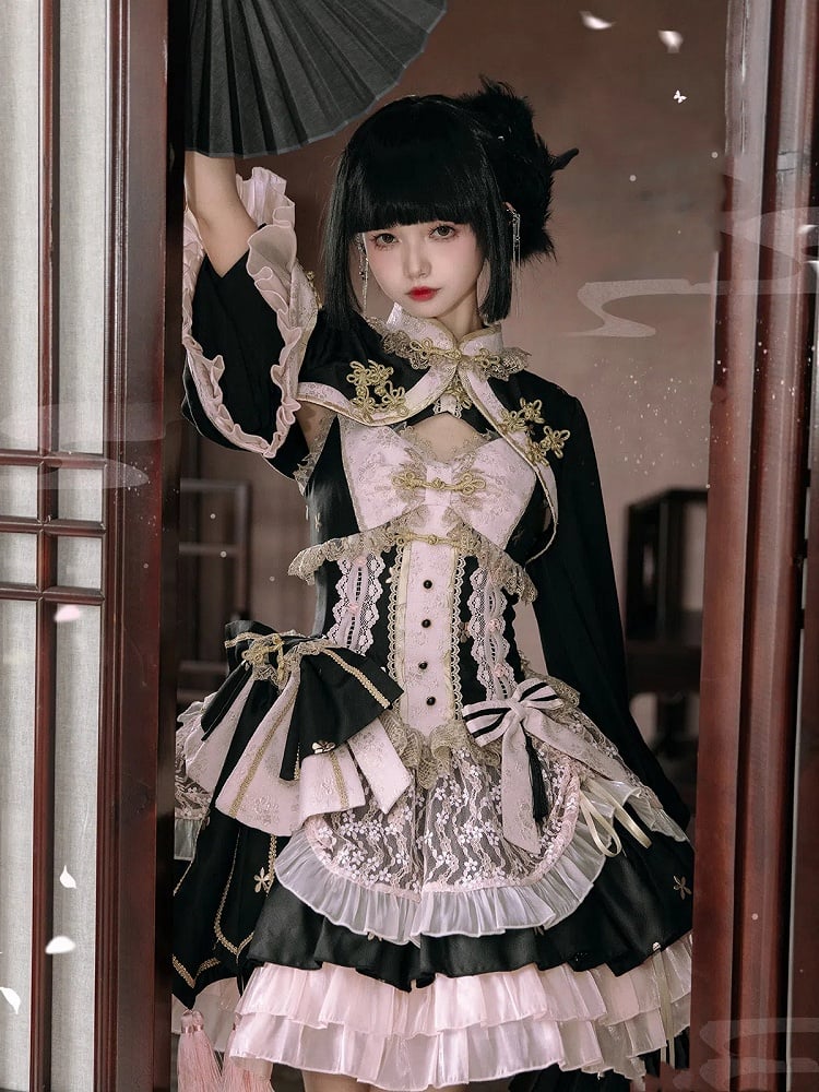 Black and Pink Chinoiserie Style Corset Dress Qi Lolita JSK Set