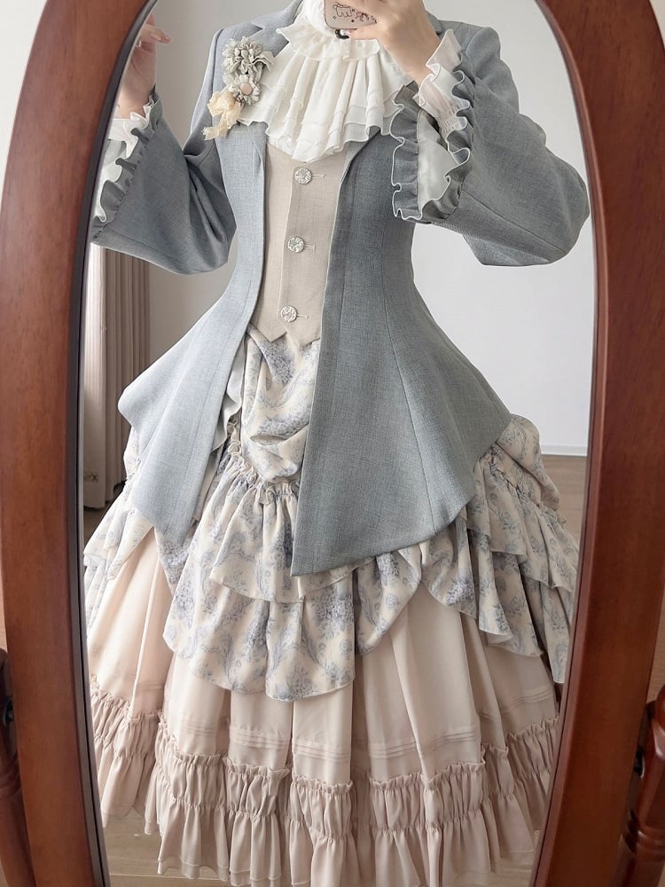 Elegant Blue and Beige Single-Breasted Jacket with Lacing Detail