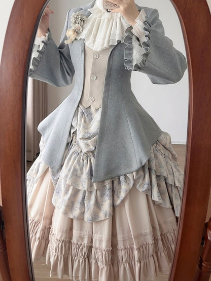 Elegant Blue and Beige Single-Breasted Jacket with Lacing Detail
