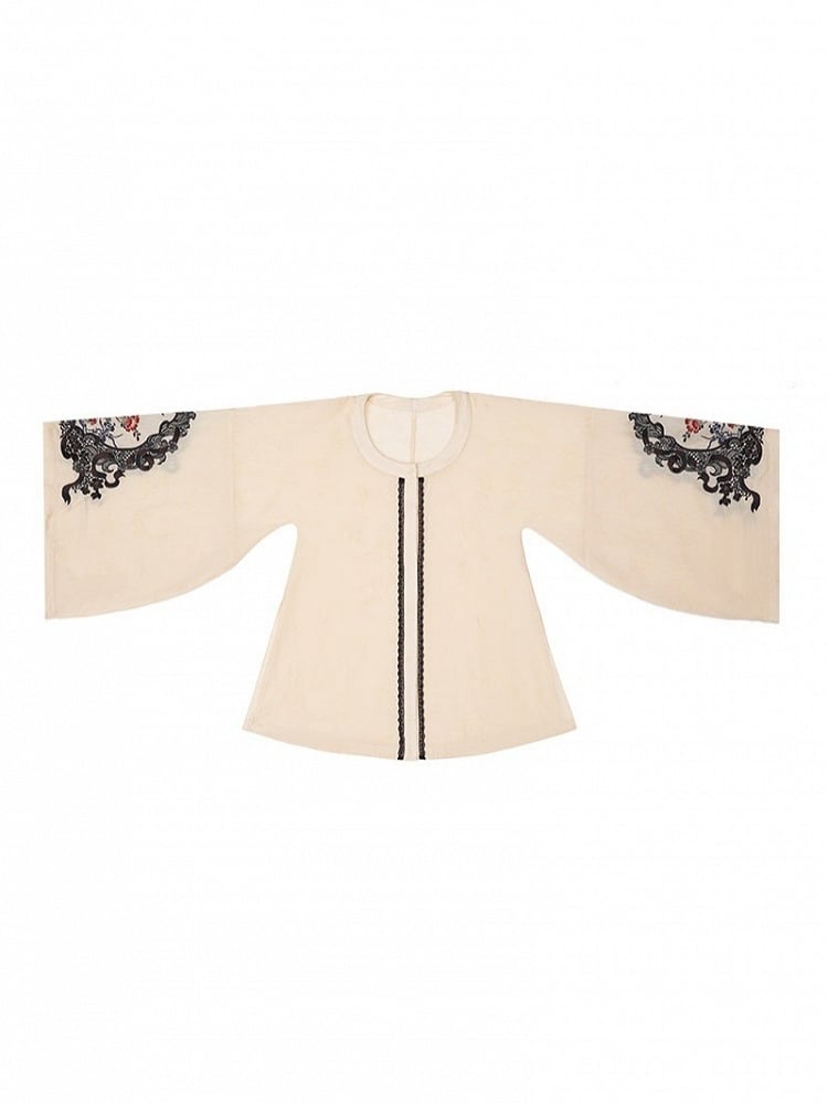 Beige Cheongsam Lolita Long Sleeve Embroidered Shirt - Yimu Walnut