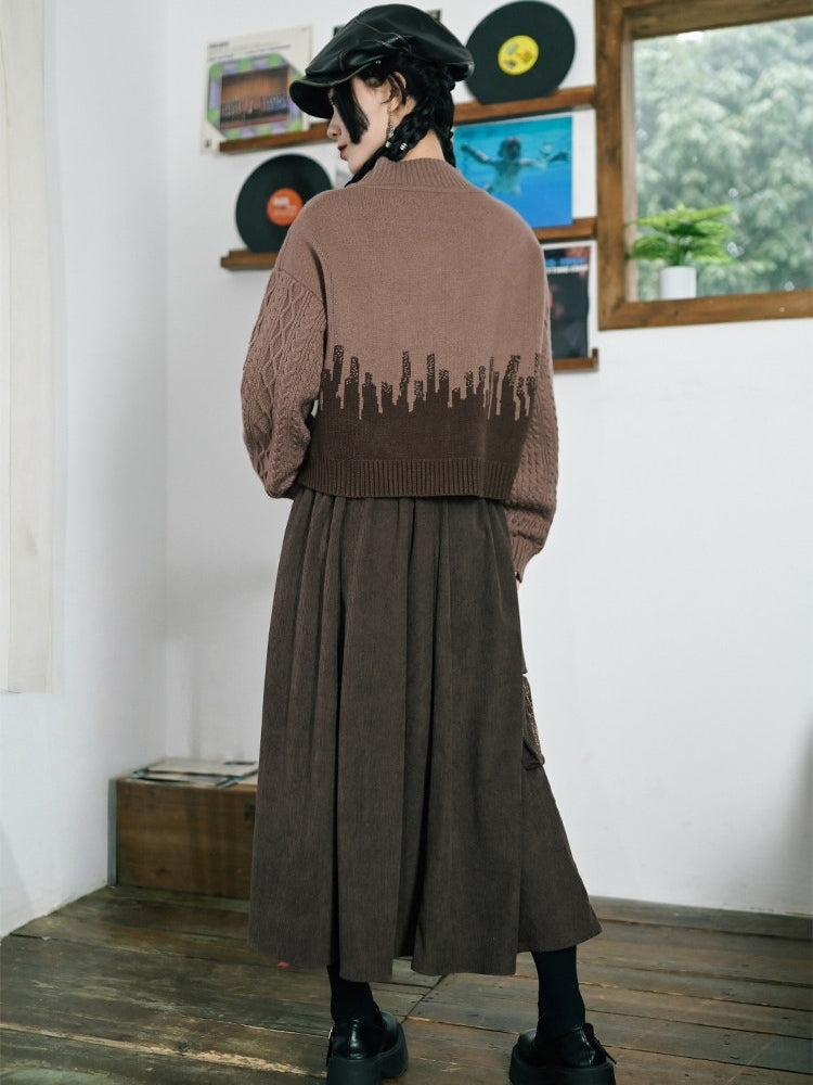 Chinese Pockets Cargo Skirt - Leaf Brown Motif with Embroidery Style
