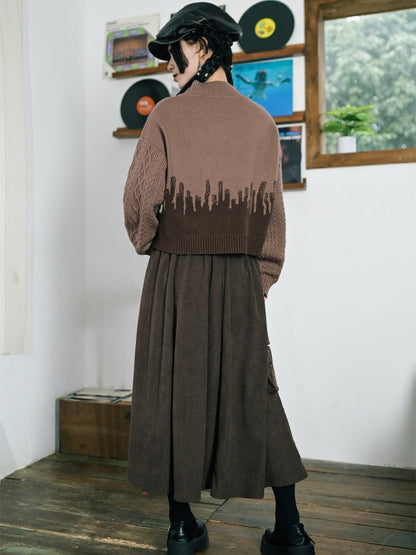 Chinese Pockets Cargo Skirt - Leaf Brown Motif with Embroidery Style