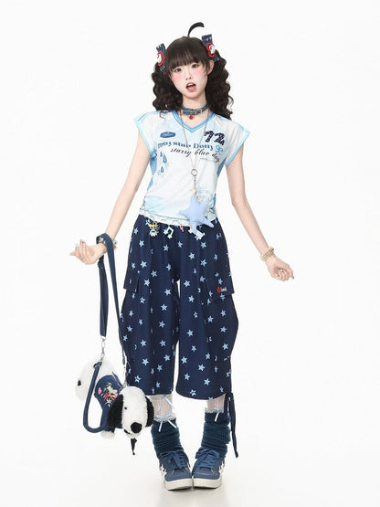 Casual Kawaii Blue Star Print Wide-Leg Cropped Cargo Pants with Drawstring Details