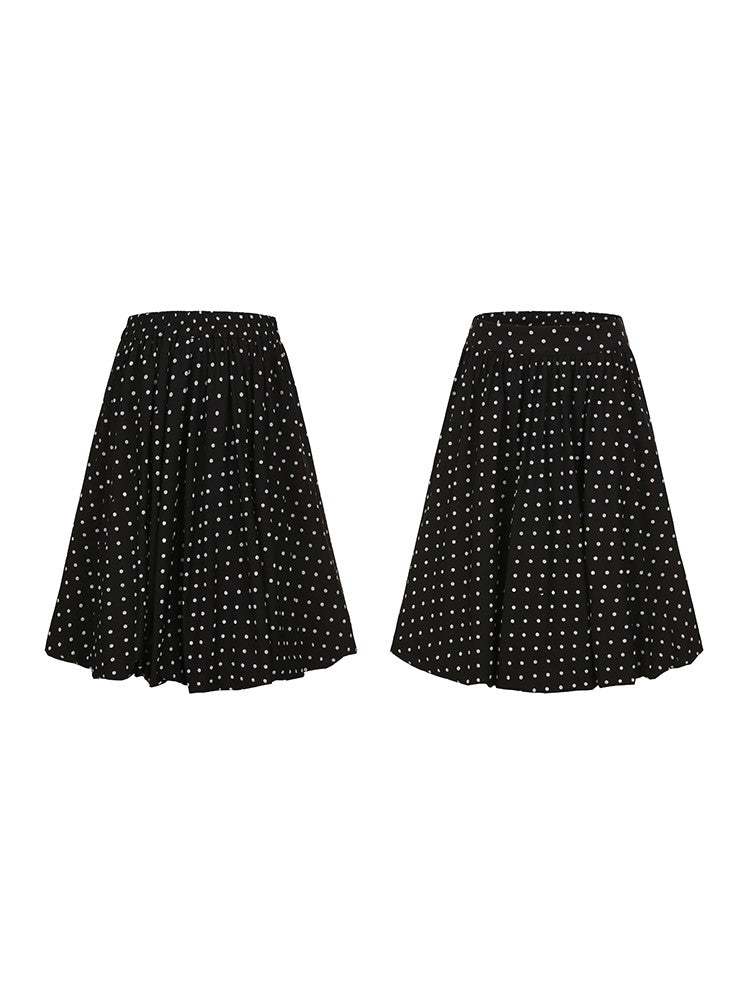 White Below-Knee Zipper with Side Plus Dots Skirt Black Size Polka
