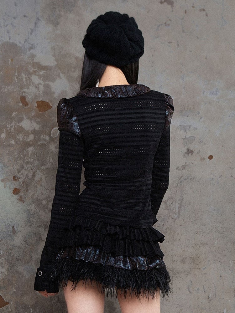 with Side Black Fabric Eyelet Puff Blouse Dotted Collar Punk Ruffled Front Zippers