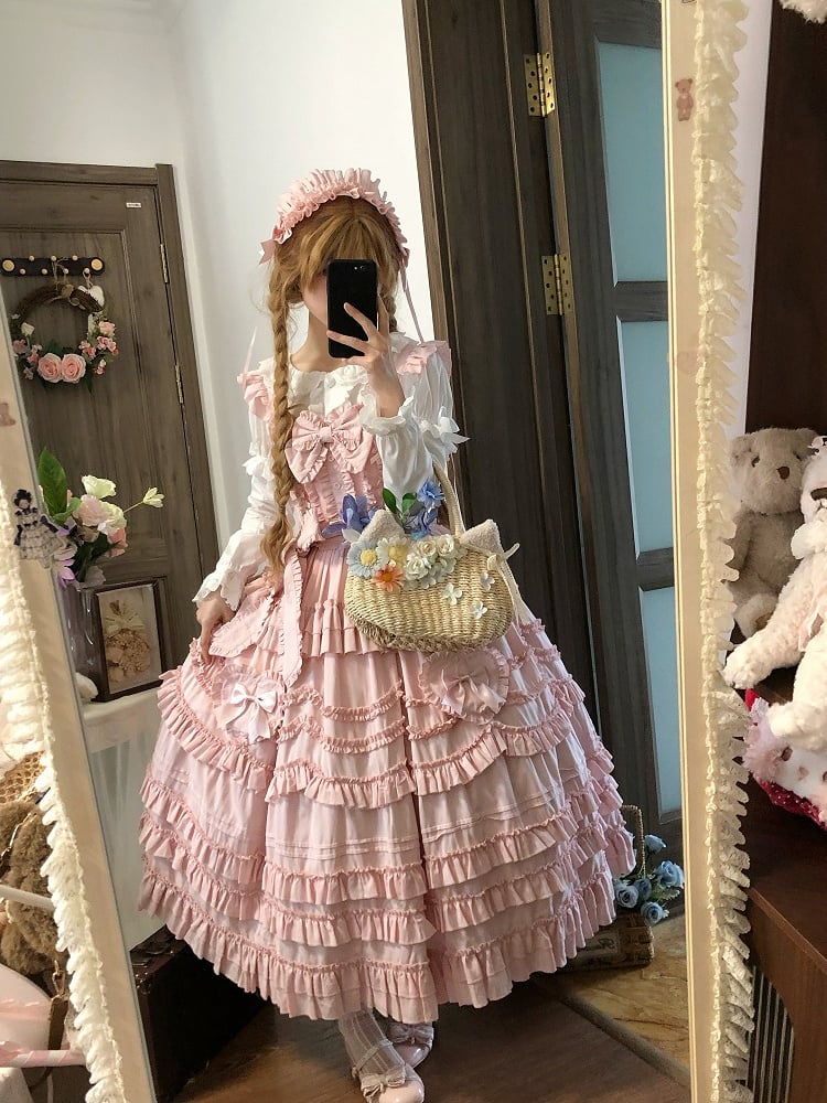 Sweet Multi-Layer Lolita Only JSK Dress Bow + Ruffle Hairband Pink / Detail Belt with