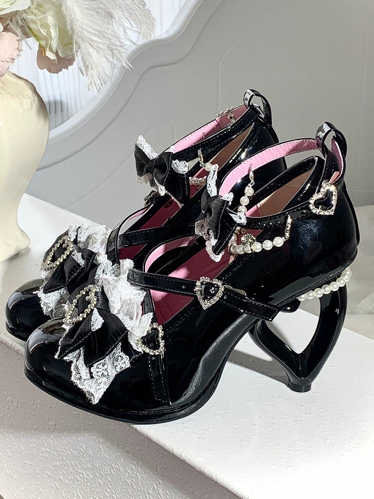 Chain Heart - Details Black Heels Crystal Detachable Leather Lolita PU Beaded Heart-Shaped with Heel Hime