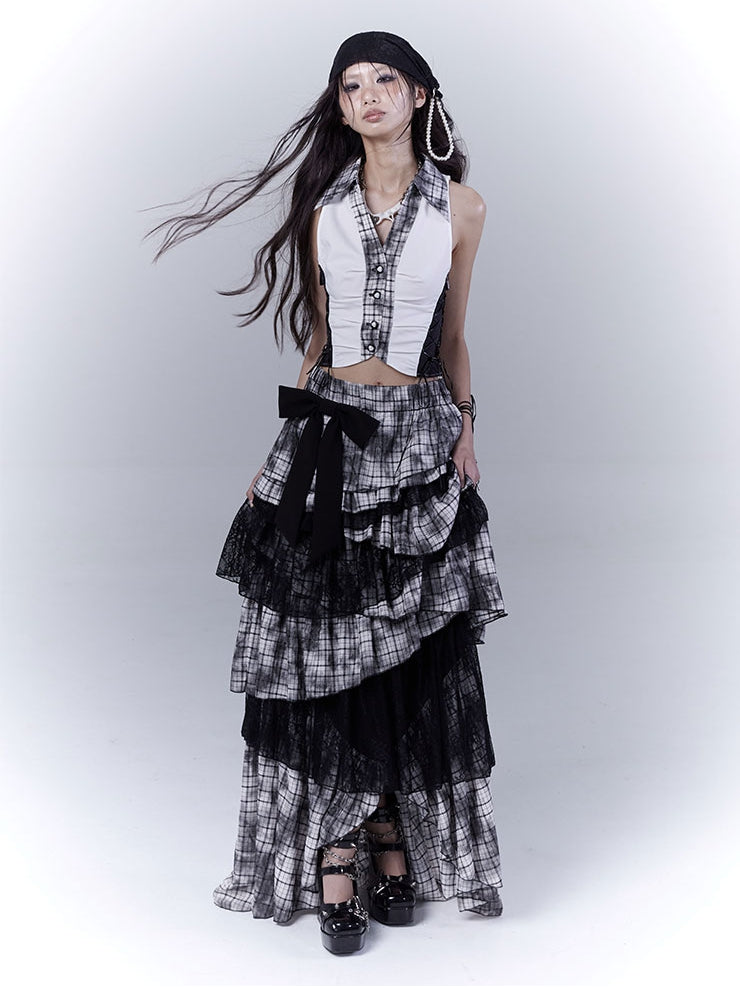 Regular/Long Version Asymmetrical Tiered Plaid Skirt Black Punk