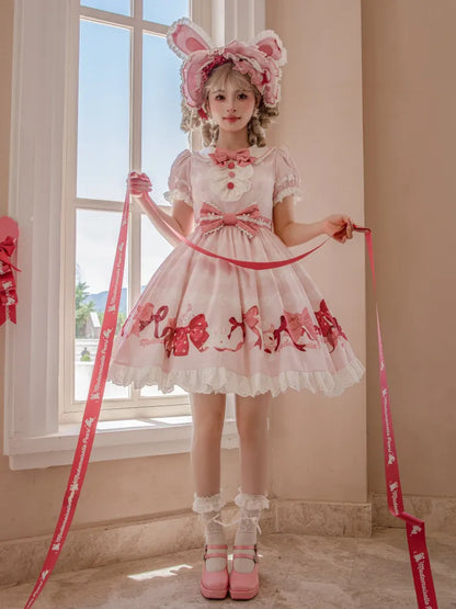 Kurze Schleifen Rosa Stück Ein Süßes Kleid und Ärmel Print Lolita Bunny