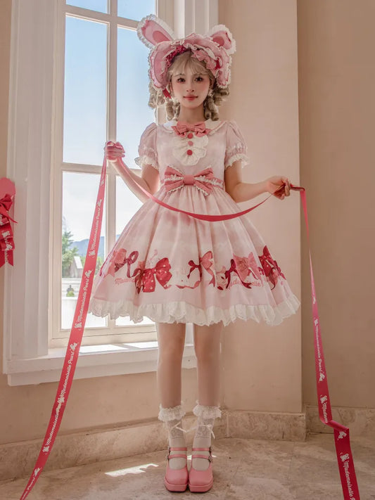 Kurze Schleifen Rosa Stück Ein Süßes Kleid und Ärmel Print Lolita Bunny