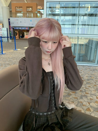 Cat Zip-up and Heart Lace Brown Hoodie with Lace-Up Applique Ear