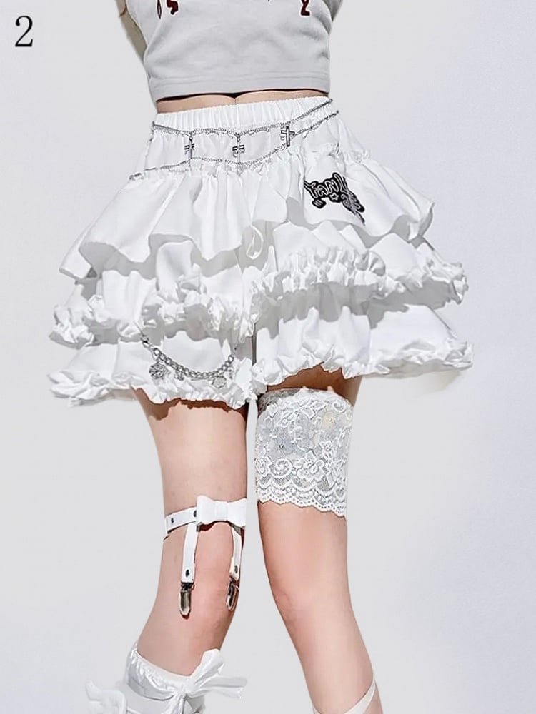 Accents Chain Detachable Trim Ruffle White Skirt Y2K - Tiered