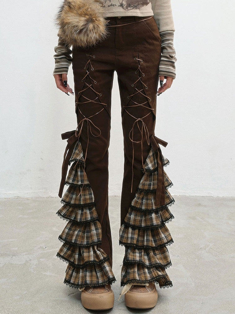 Brown - Pastel Lace-up Pants Details Punk