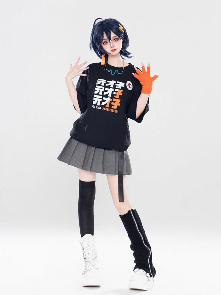Gradient White Sleeve Short Print Top With Letter Orange Black
