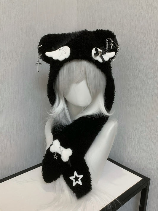 Black/White Wing Cross Bear Ear Plush Hat and Bone Plushie Scarf
