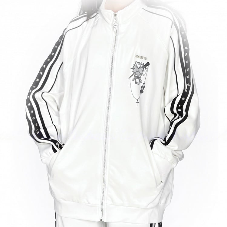 Jacket Kei Long-Sleeve Jirai with Decorations Stud Printed White Casual