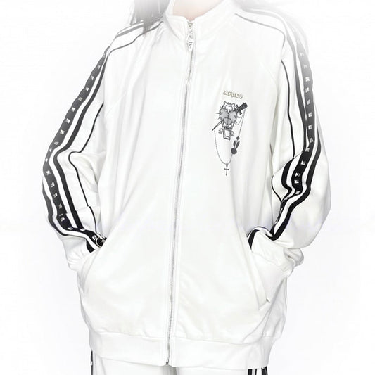 Jacket Kei Long-Sleeve Jirai with Decorations Stud Printed White Casual