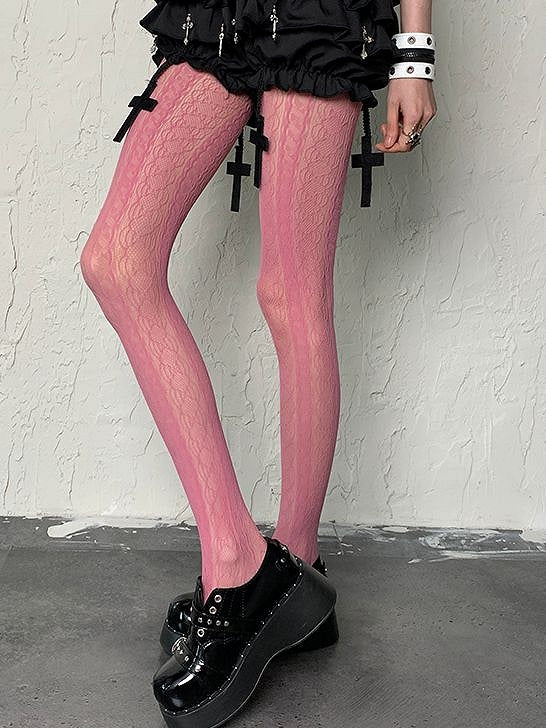 Y2K Strumpfhose mit ausgehöhlten Rosen, rosa gestreiftes Design