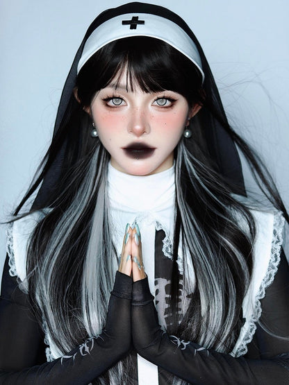 Highlight 65CM Silver Bangs with Wig Black Straight