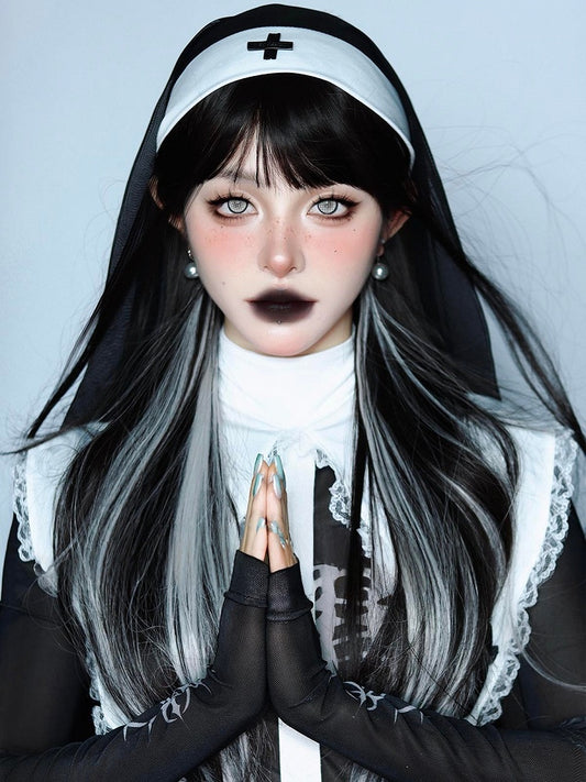 Highlight 65CM Silver Bangs with Wig Black Straight