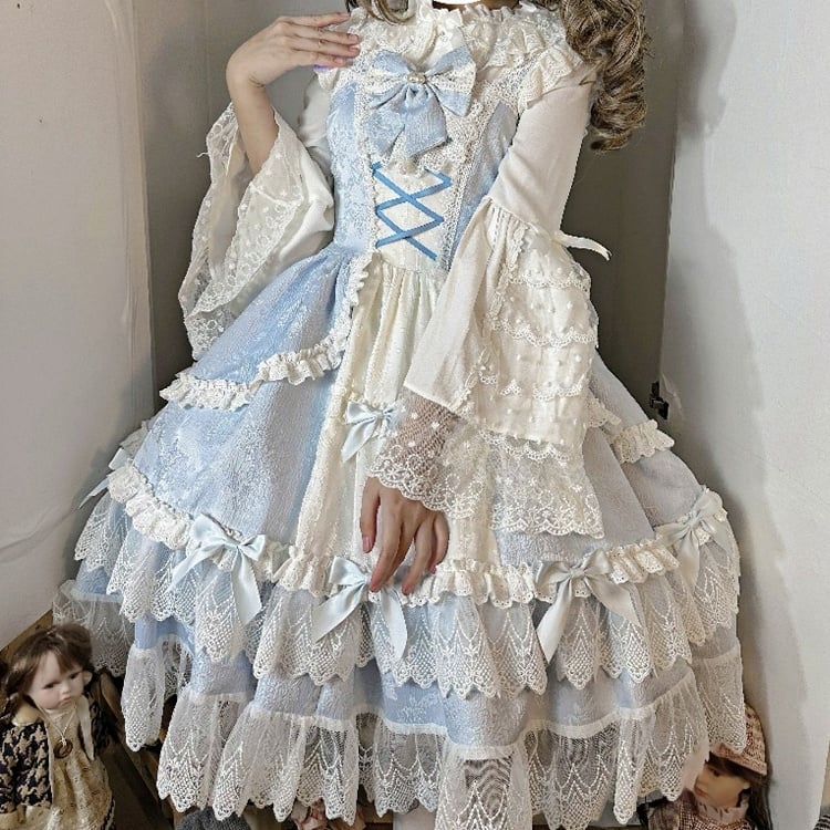 Blau-weißes Old School Lolita Fashion Kleid mit Schleife und Details, JSK-Set