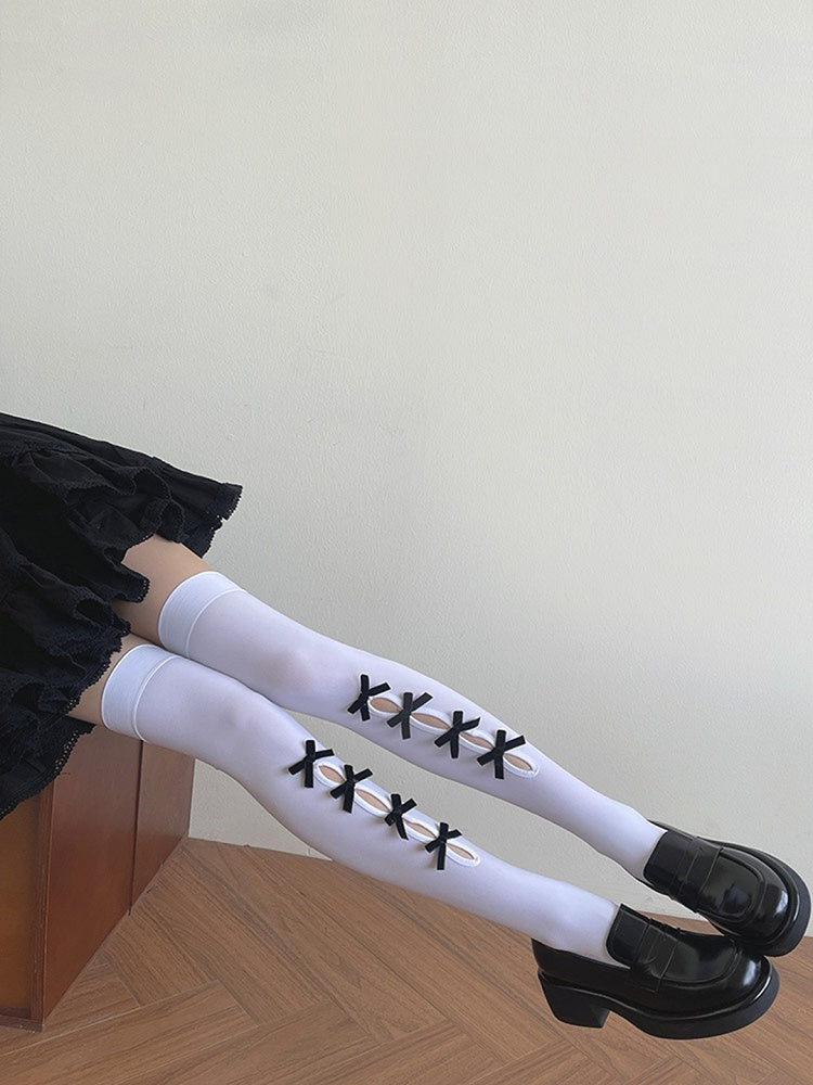 Bowknot Strümpfe Schwarz/Weiß Design Overknee Cut-out