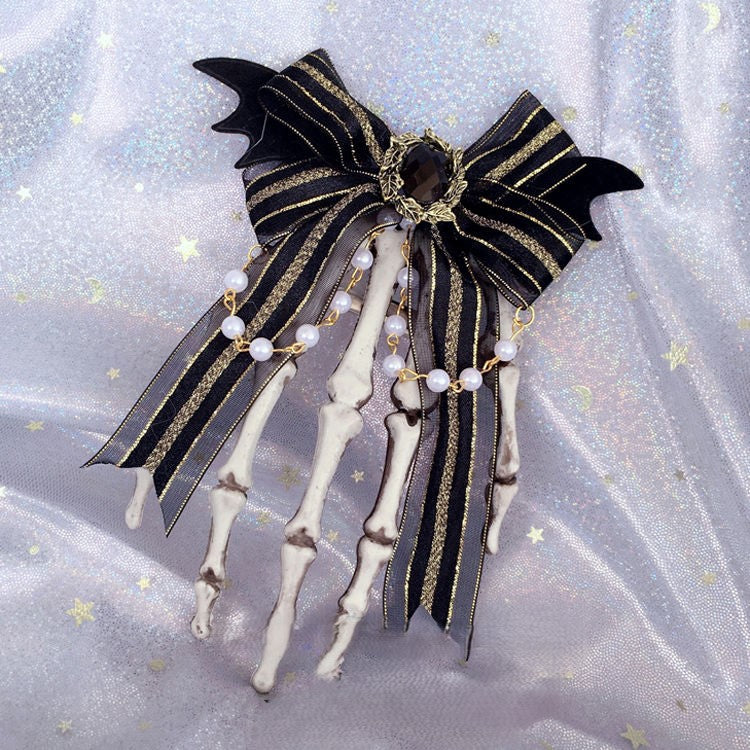 Hand Hairclip Skeleton Black with Bow Lace Bat Wings