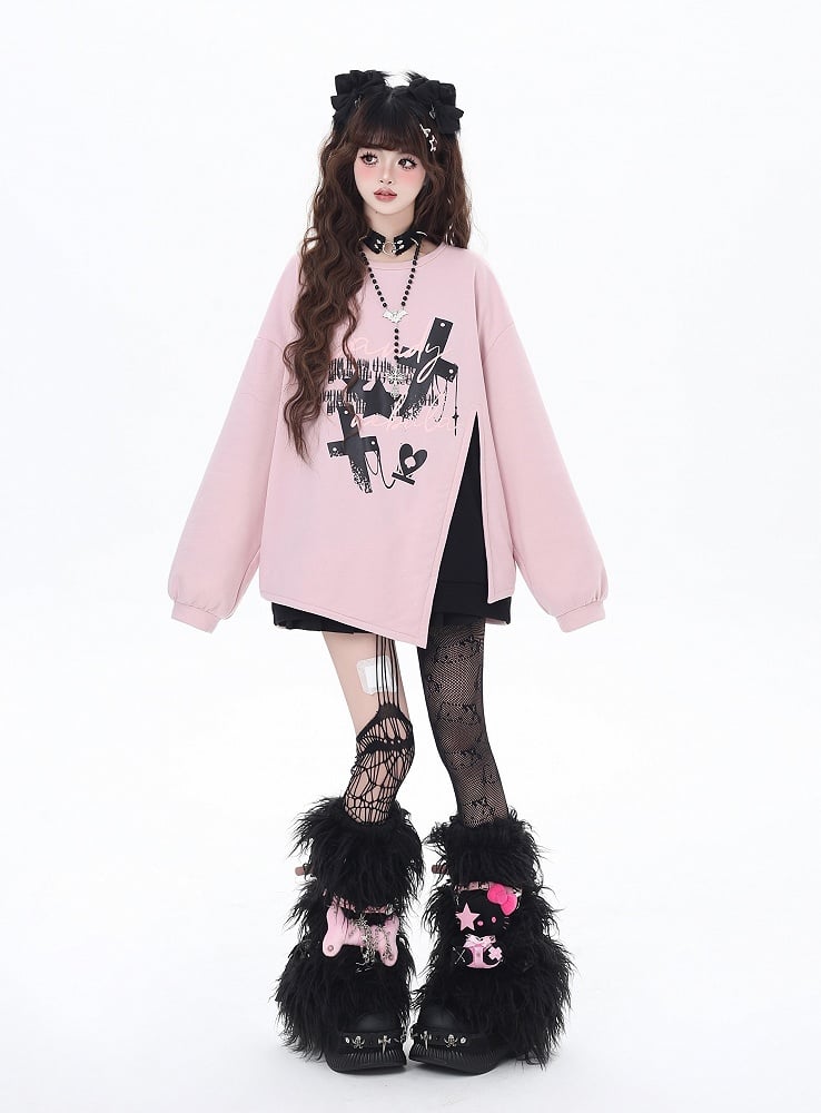 Rosa/schwarzes Sweatshirt mit seitlichem Kreuzschlitz und großer Schleife auf der Rückseite