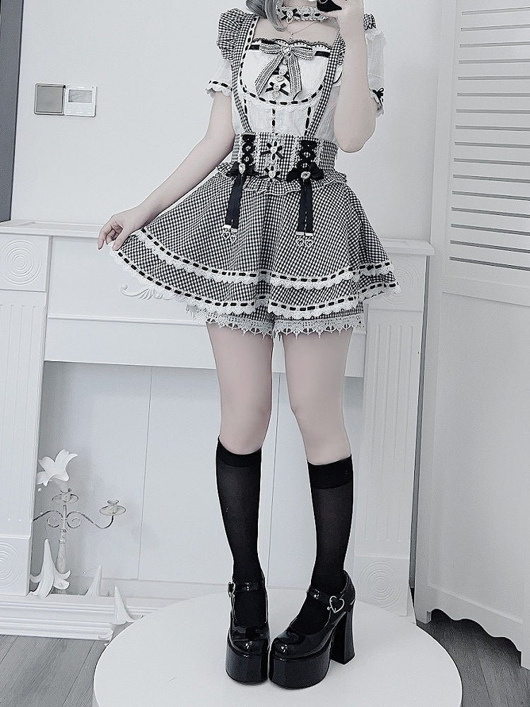 Black White Gingham Jirai Kei Overall Skort with Bow Lace Details - Broken Bear