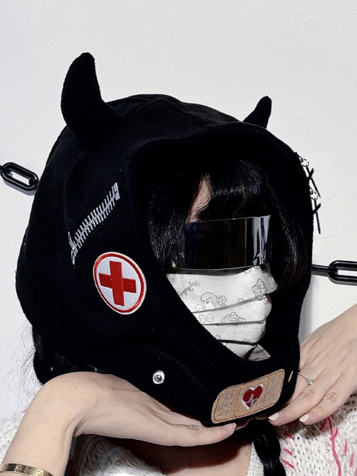 Horn with Demon Hat Embroidery Y2K Black Zipper Edgy Earflap