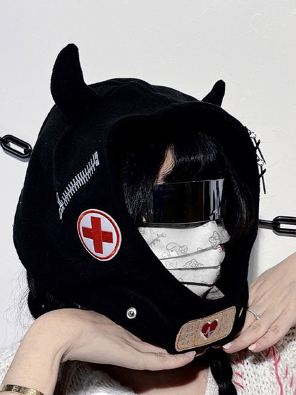 Horn with Demon Hat Embroidery Y2K Black Zipper Edgy Earflap