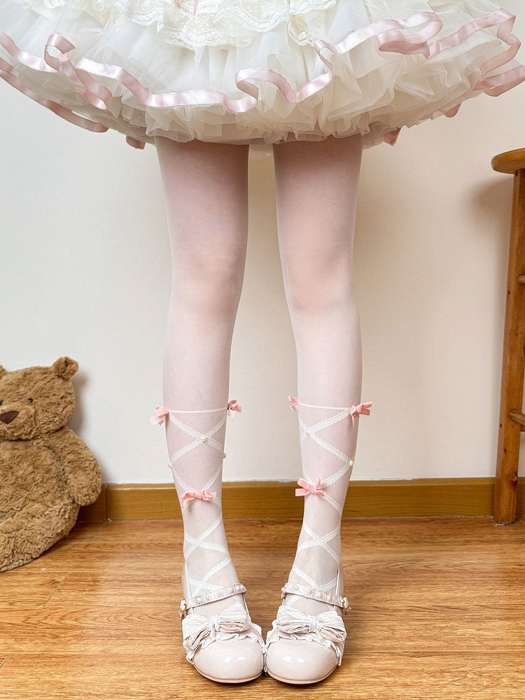Lolita Tights in Beige & Pink with Bow & Cross Band Motif - Fat Bear Story