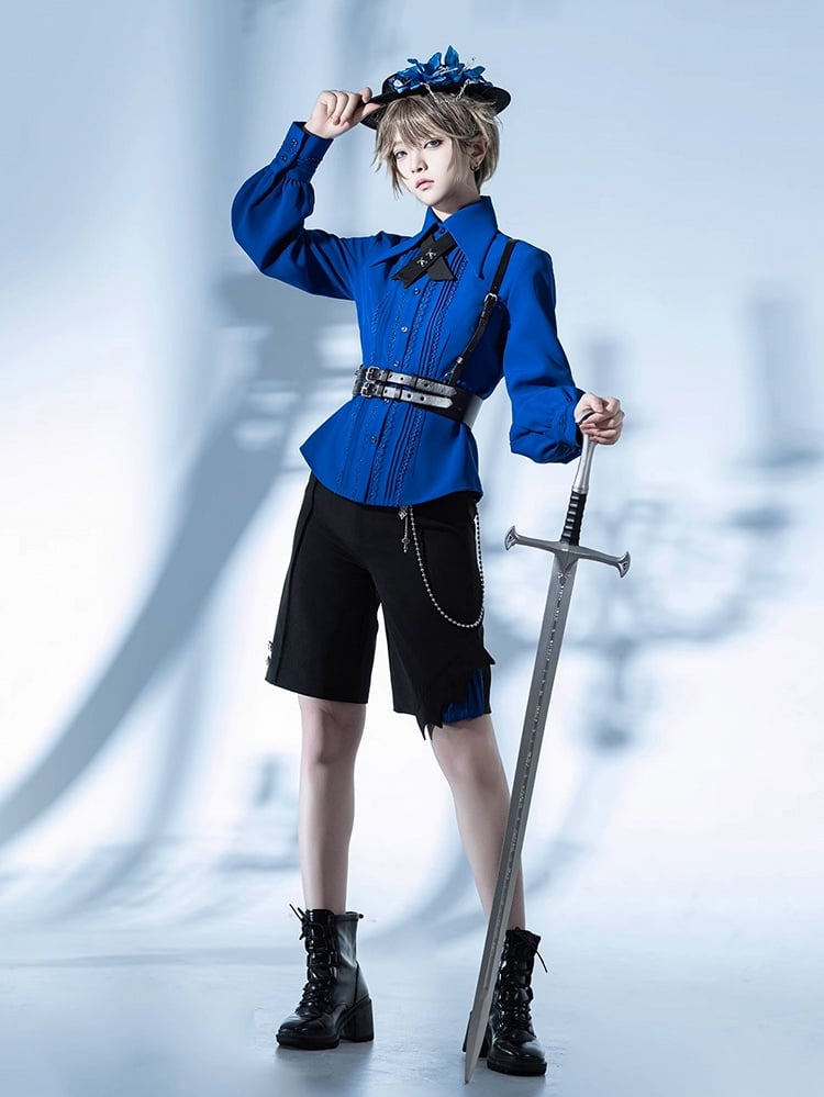 クライン グレー ブルー＆ポイントカラー ロングシャツ プリーツ フォールドオーバー ディテール レース/プリンススリーブ