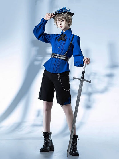 クライン グレー ブルー＆ポイントカラー ロングシャツ プリーツ フォールドオーバー ディテール レース/プリンススリーブ