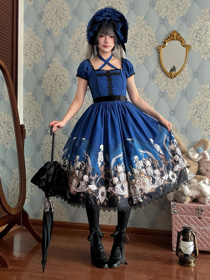 Cross Trim Black Gothic Skeleton Dress and Lace Lolita with Print Blue