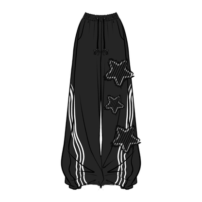 Size Black Wide-leg Casual Pants with Striped Star Appliques Plus Y2K