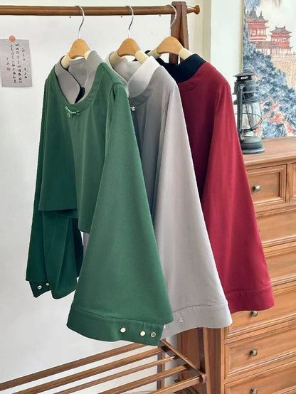 Knot Sleeve Style with Long in Buttons Chinese Ornate Red Unisex Top
