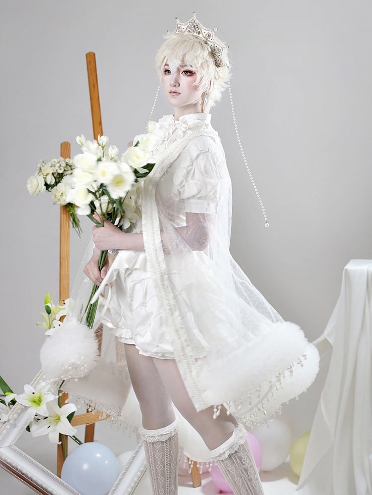 Weiße Shorts Bloomer Shirt All Prince Lolita High - Set Outfit Cape + Taille Full Ouji Kurze Ärmel