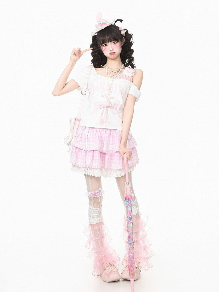 Off-Shoulder Pink Tee with Bow and Kitty Motif - Languid Park