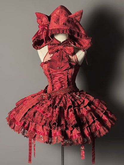 ネックレッド + ロリータティアードフルトップセットホルターゴシックノースリーブスカート