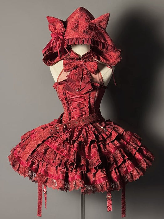 ネックレッド + ロリータティアードフルトップセットホルターゴシックノースリーブスカート