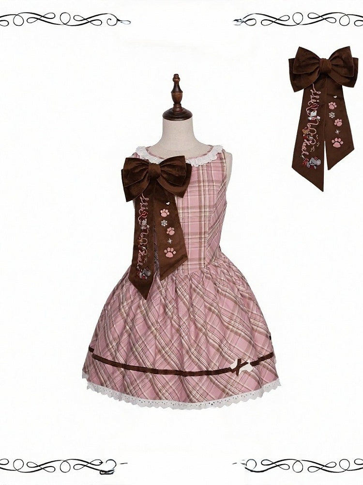 Doll Style Sleeveless Dress in Soft Pink Plaid with Big Embroidered Bowknot Brooch - iris de nuit