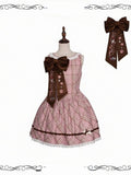 Doll Style Sleeveless Dress in Soft Pink Plaid with Big Embroidered Bowknot Brooch - iris de nuit