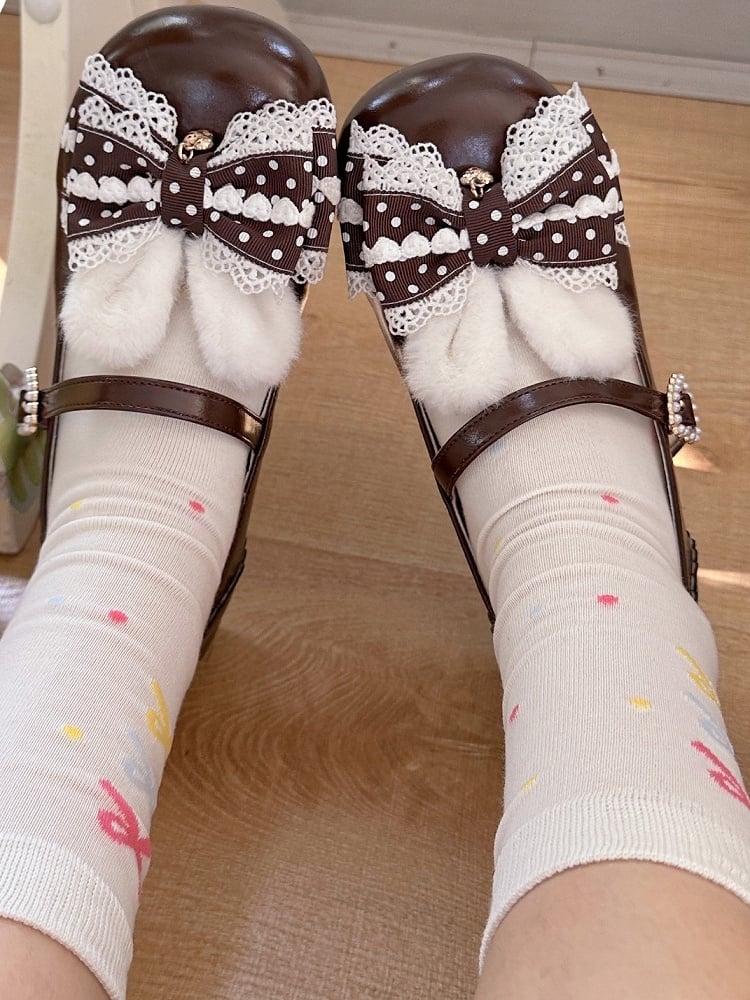 Lolita Bunny Shoes Pom Mary Jane Brown Sweet with Ears Tail