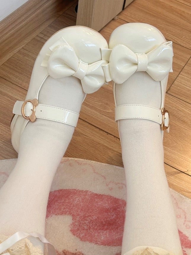 Low-heel Sweet Lolita Brown Mary Janes with Teddy Bear-shaped Snap & Bow Decor