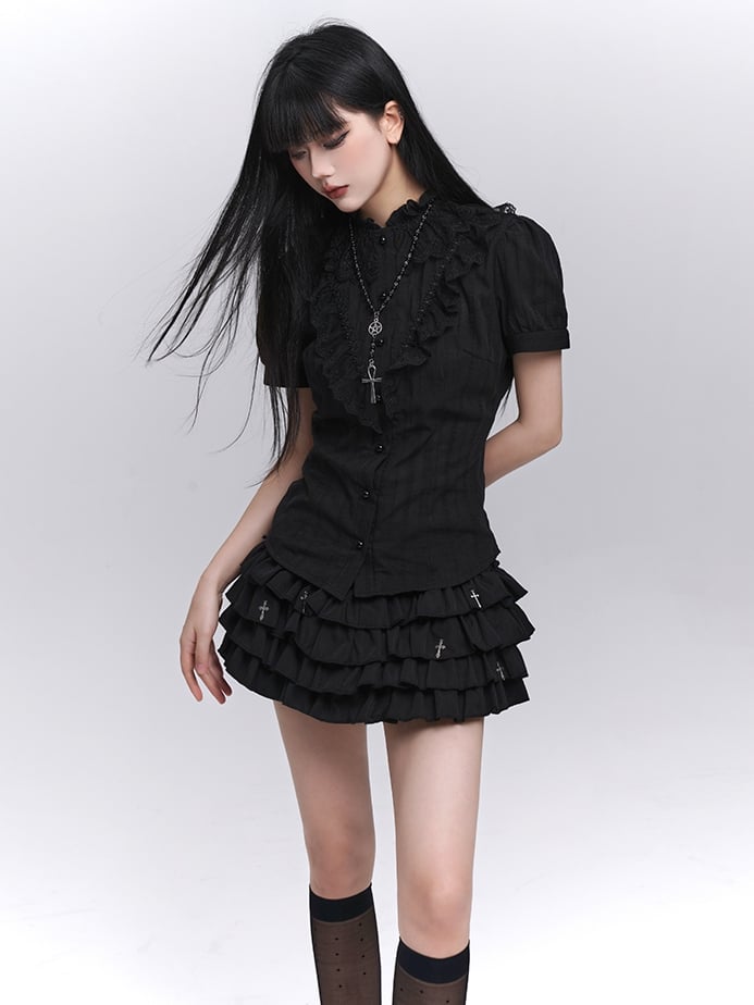 Black Lace Trim Short Sleeves Gothic Blouse