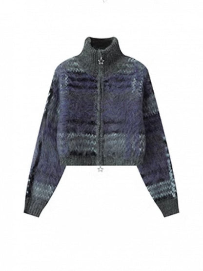 Gray Striped Lockstitch Knit with Sweater Ribbed Purple Mohair Crop Detailing Cuffs