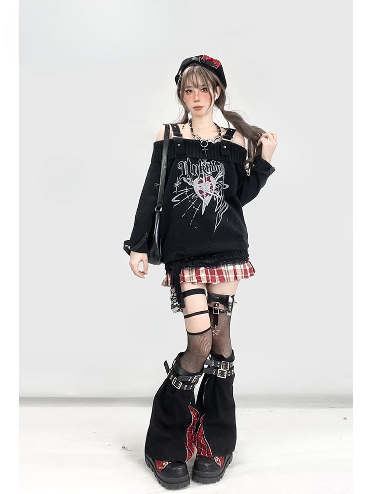 Y2K Red Plaid Pattern Hem Black Denim  Skirt+Buckle Strap Leg Warmers