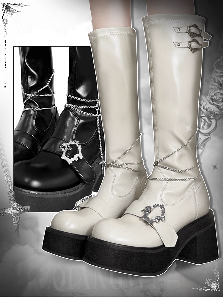 Kreuz Weiß Schnallen Poliert Stiefel Knie-hohe Plattform und Abnehmbare Gothic Kette Sarg mit